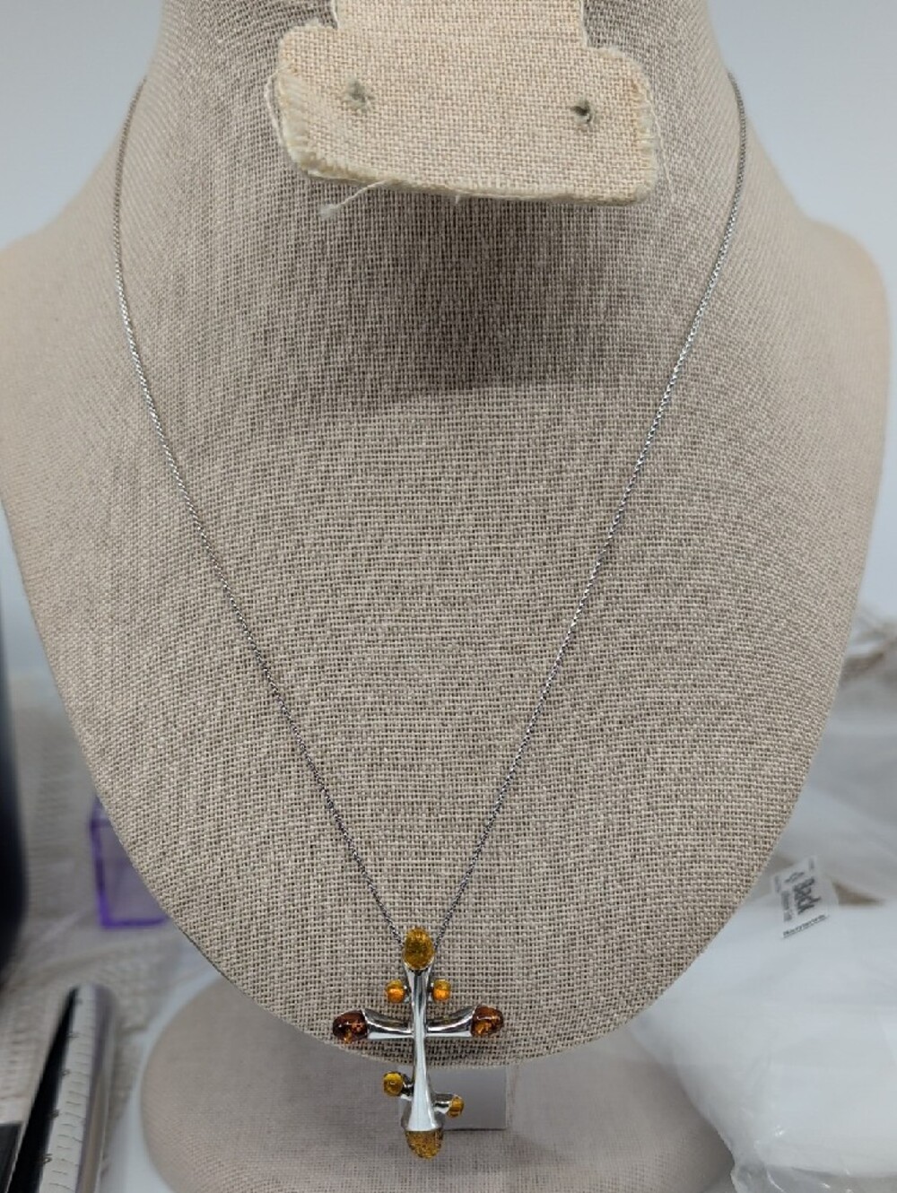 Vintage Baltic Amber Sterling Silver Cross Pendant Necklace 925 Poland 18" - Picture 7 of 16